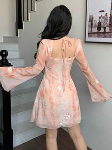 Modelyn Women's Spring/Summer Woven Chiffon Tie Dye Embroidered Long Sleeve Waist Cinched A-Line Elegant Dress - Multicolor - View 2