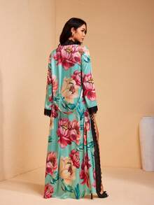 JIAN LASALA 印花缎面丝绸般优雅女士宽松长款睡袍，蕾丝边饰，长喇叭袖 - 彩色 - 查看 2