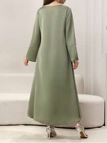 SHEIN Najma Elegant V-Neck Flare Sleeve Ruffle Hem Dress, Spring/Summer - Green - View 2