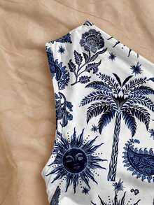 Soleia Casual Vacation Style Blue Sun God Allover Print Women Top, Suitable For Spring/Summer, Vacation Style Spring - Multicolor - View 4