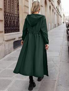 SHEIN LUNE 女式休闲纯色落肩宽松束腰拉链连帽长款风衣 - 墨綠色 - 查看 2