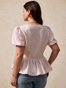 SHEIN Clasi 大码女式优雅精致V领泡泡袖A字波浪下摆衬衫，适合通勤、度假、春夏穿着 - 淺粉色 - 查看 2