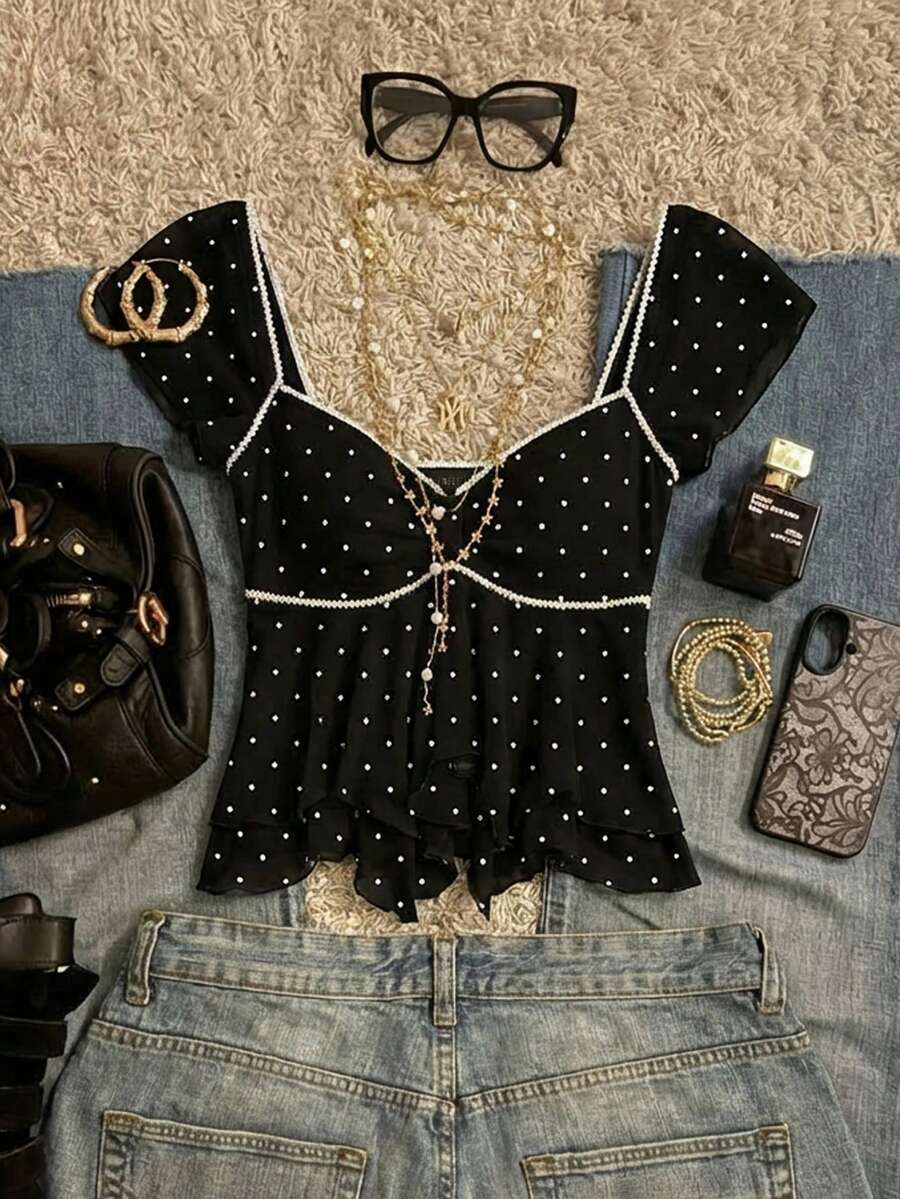 Attitoon Women's Casual Vacation Tank Top, Flutter Sleeves, Asymmetric Hem, Babydoll, Summer For Women, Polka Dot Top, Summer Spring Beach - Multicolor - View 1