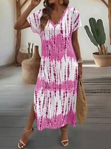 EMERY ROSE Summer New Casual Women's V-Neck Short Sleeve Loose Tie-Dye Print Split Dress - Baby Pink - View 6