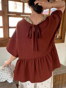 FRIFUL Women's Spring/Summer Splice Contrast Color Pleated Back Collar Tie Bow Neck Loose Casual Versatile Blouse - Red - View 4