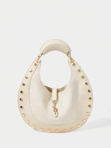SHECARRY Ladies Vintage Semicircle Bag With Rivet Trim And Exquisite Hardware - Beige - View 1