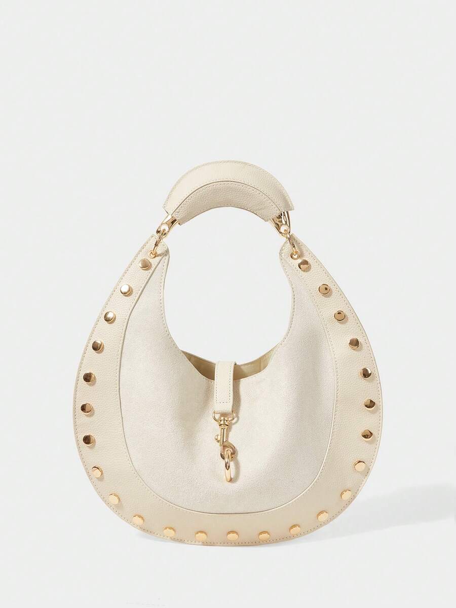 SHECARRY Ladies Vintage Semicircle Bag With Rivet Trim And Exquisite Hardware - Beige - View 1