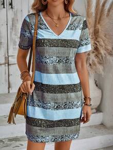 EMERY ROSE Đầm nữ cổ chữ V kẻ sọc tay ngắn dáng rộng thoải mái - Nhiều màu - Xem 6