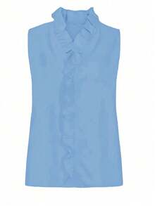 EMERY ROSE Women's Solid Color Frill Trim V-Neck Sleeveless Casual Blouse - Blue - View 3