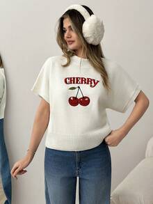 SHEIN Cherry Embroidered Sleeveless Knit Sweater – - Apricot - View 4