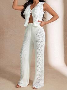 EURMUSE Seductive Pointelle Knit Button-Front Crop Top & Knit Pant Beachwear Cover Up Set - Apricot - View 6