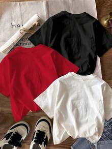 SHEIN 3pcs Young Girl Casual Cute Leopard Print & Heart Graphic Short Sleeve Basic T-Shirt, Suitable For Spring/Summer Casual Everyday Wear - Multicolor - View 2