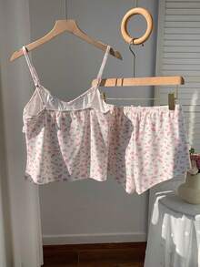 Comfortcana Cute White And Pink Floral Print Ruffle Trim Camisole Top And Shorts Set,Women's Summer Lounge Knit Soft Pajama Set,Elegant Beach Vacation Outfits - Multicolor - View 2