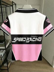 American Retro Street Racing Inspired Color Block Graphic Print Chic Vintage Ballerina Tween Girls Casual Short Sleeve Top, Versatile, Suitable For All Seasons - Multicolor - View 2