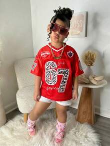 SHEIN Young Girls Six Seven Print Loose T-Shirt, Fashionable, Versatile, Suitable For Party, Photoshoot With Friends, Park, Camping, Vacation, Casual Daily Wear - Red - View 3