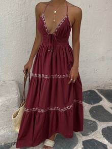 SHEIN EZwear 酒红色梭织休闲度假刺绣吊带连衣裙，女士，春夏款 - 酒紅色 - 查看 5