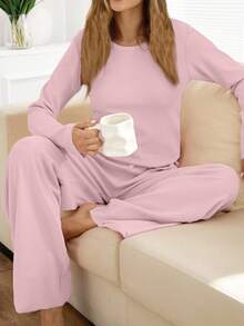 EURMUSE Women 2pcs Rib Knit With Round Neck Long Sleeve Top&Pants Homewear Comfort Lounge Set - Coral Pink - View 5