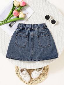 Teen GirlCasual Denim A-Line Skirt, Fashionable Retro Washed Blue Waistband Design - Blue - View 3