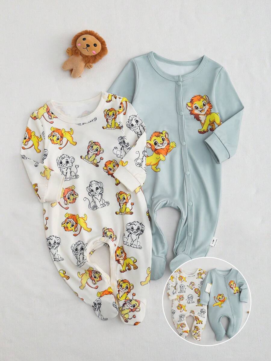 Newborn Baby Long Sleeve Jumpsuit Set, Cute Lion Cartoon Design, Soft & Comfortable Fabric, Suitable For Spring/Summer Wear - Multicolor - View 1