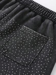 ROMWE MEN Pantalones cortos de verano para hombres con cintura con cordón y adornos de rhinestone - Negro - Ver 5