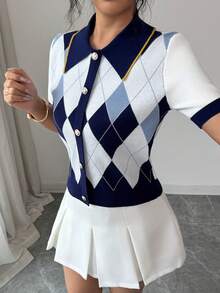 Selianne Vintage Diamond Pattern Color Block Blouse, Women's Retro Elegant Academic Style Knit Top, Featuring Delicate Metal Buttons And Turndown Collar Short Sleeve Shirt, Suitable For Summer - Multicolor - View 7