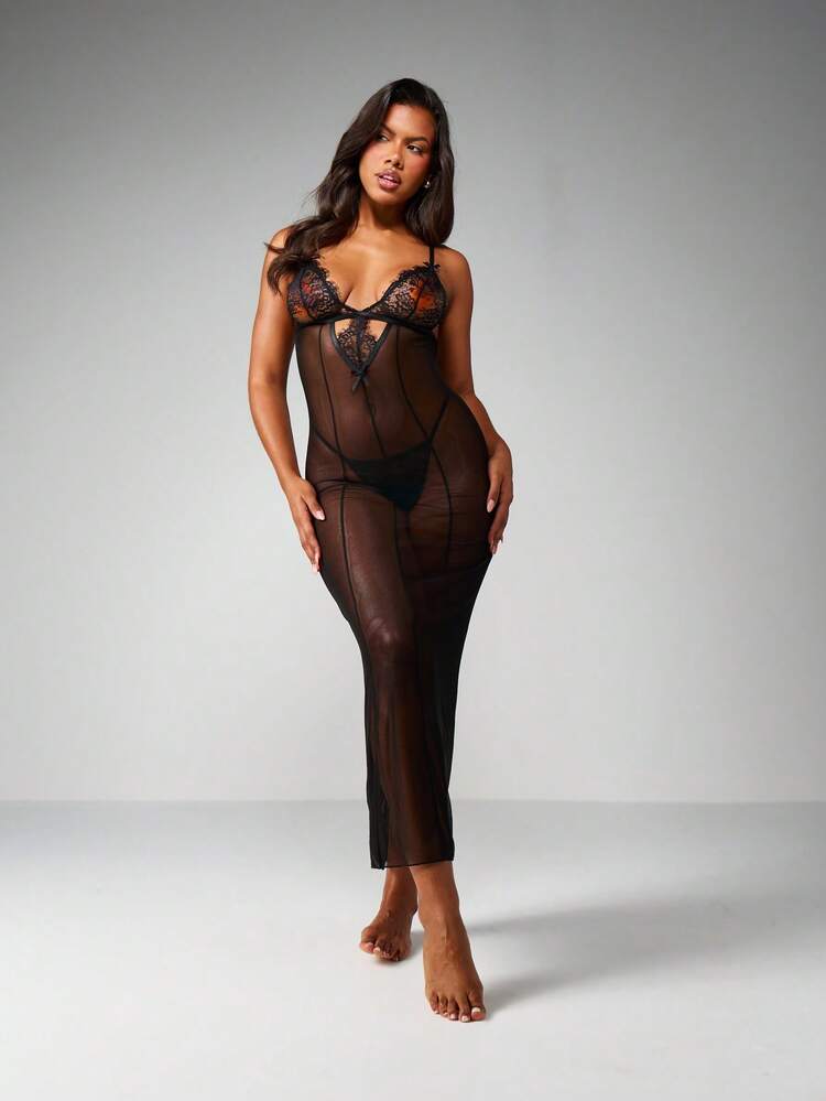 MISSGUIDED Abito lungo in rete trasparente con dettagli in pizzo