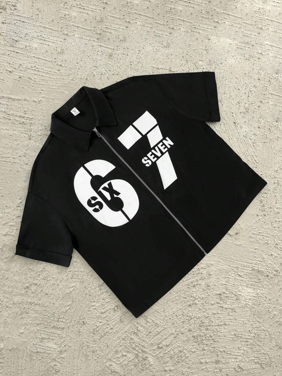 青少年男童宽松版型67号印花Polo衫，短袖，适合春夏季节穿着，日常穿着、运动、郊游、上学、聚会、节日、拍照等场合。 - 黑色 - 查看 1