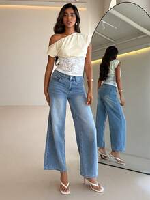 Aloruh 女士性感优雅单肩修身蕾丝拼接纯色上衣 - 杏色 - 查看 7