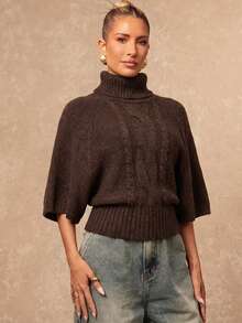 Lumalex 高领短袖收腰蝙蝠袖斗篷纹理女式毛衣 - 咖啡棕 - 查看 8