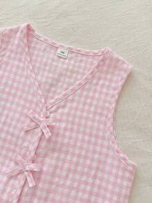 SHEIN Vintaside Kids 2件套女童无袖条纹编织背心，蝴蝶结装饰，松紧腰宽松休闲短裤，夏季 - 粉色 - 查看 4