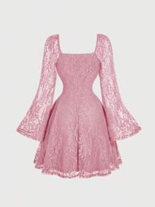 SHEIN MOD Women's Sweetheart Neck Ruched Bust Flare Sleeve Lace Dress ,Summer Dress,Spring Dresses For Women - Pink - View 3