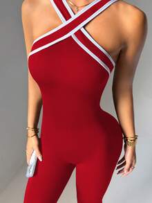 Dewbera Women's Contrast Stripe Halter Neck Jumpsuit - Red - View 6