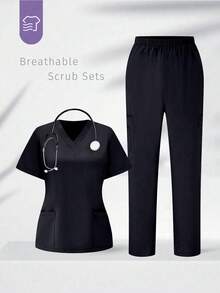 TaskEZ Scrubs Set: V-Neck Short Sleeve Top & Pants Scrub Uniform For Healthcare Workers - Deep Blue - View 1