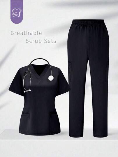TaskEZ Scrubs Set: V-Neck Short Sleeve Top & Pants Scrub Uniform For Healthcare Workers
