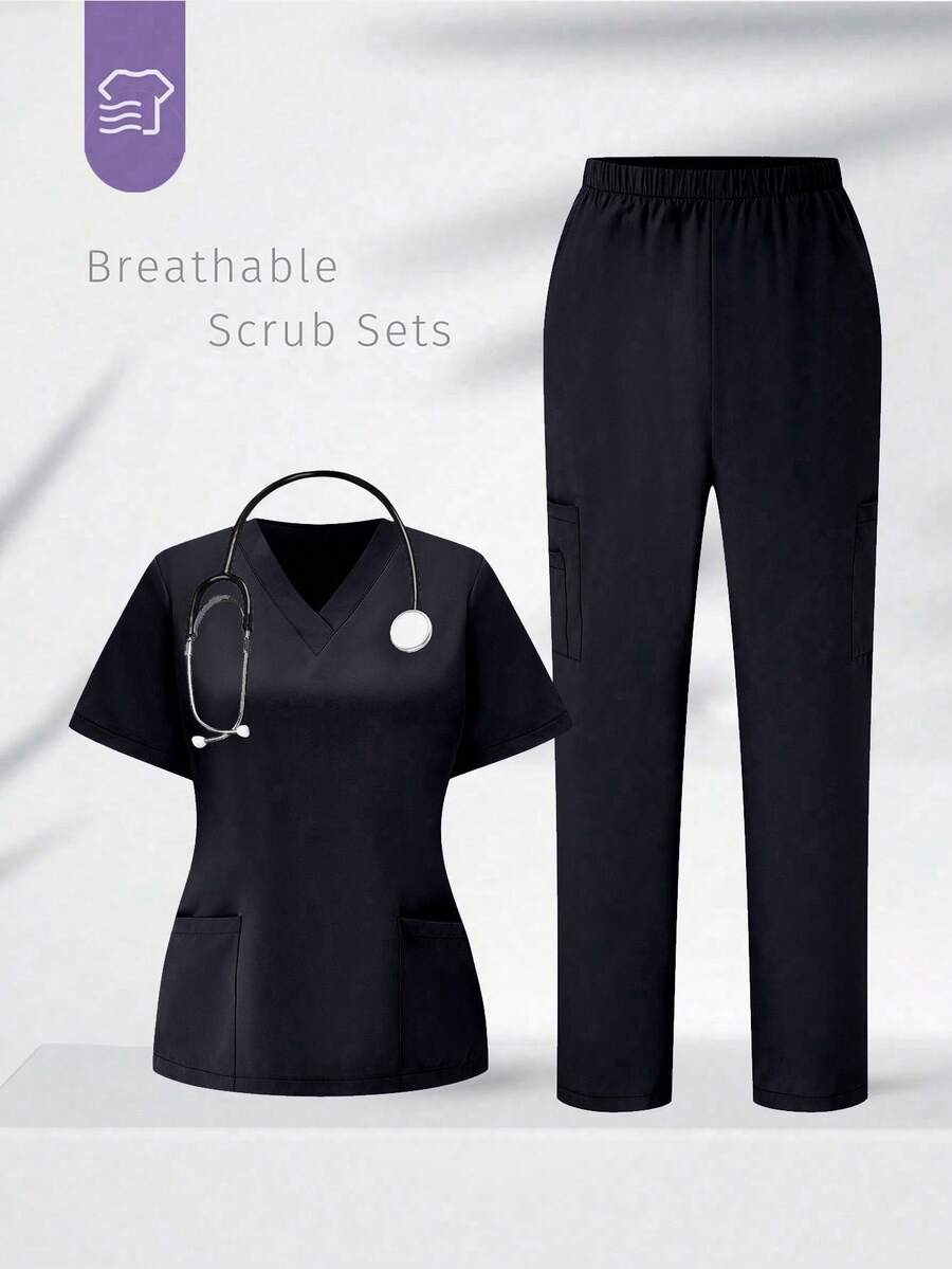 TaskEZ Scrubs Set: V-Neck Short Sleeve Top & Pants Scrub Uniform For Healthcare Workers - Deep Blue - View 1