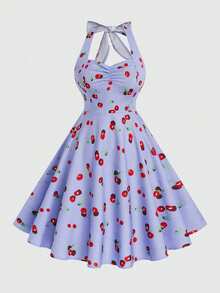 Sweetra Đầm chữ A xếp ly cổ chữ V cỡ lớn, họa tiết Ngày Valentine: Hoa hồng, trái tim, chấm bi, tình yêu, môi, thần Cupid, hoa lá. - Màu tím - Xem 1