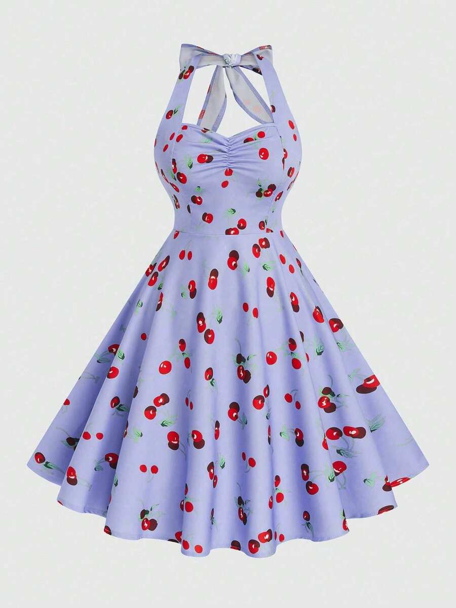 Sweetra Đầm chữ A xếp ly cổ chữ V cỡ lớn, họa tiết Ngày Valentine: Hoa hồng, trái tim, chấm bi, tình yêu, môi, thần Cupid, hoa lá. - Màu tím - Xem 1