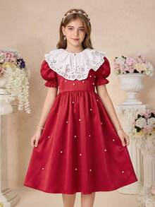 Serisse Kids Tween-Mädchen Kleid im Prinzessinnenstil mit abnehmbarem Kontrast-Rüschenkragen und aufgeblähten Ärmeln in Rot - Rot - Übersicht 5