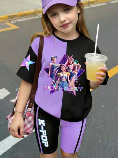 Tween Girls Digital Girl Group Graphic Print Short Sleeve Leggings Set, Casual & Comfortable Spring/Summer Outfit, Fashion, Suitable For Outdoor Activities, Picnic, Street Photography, Home, School, Festivals, Gifts