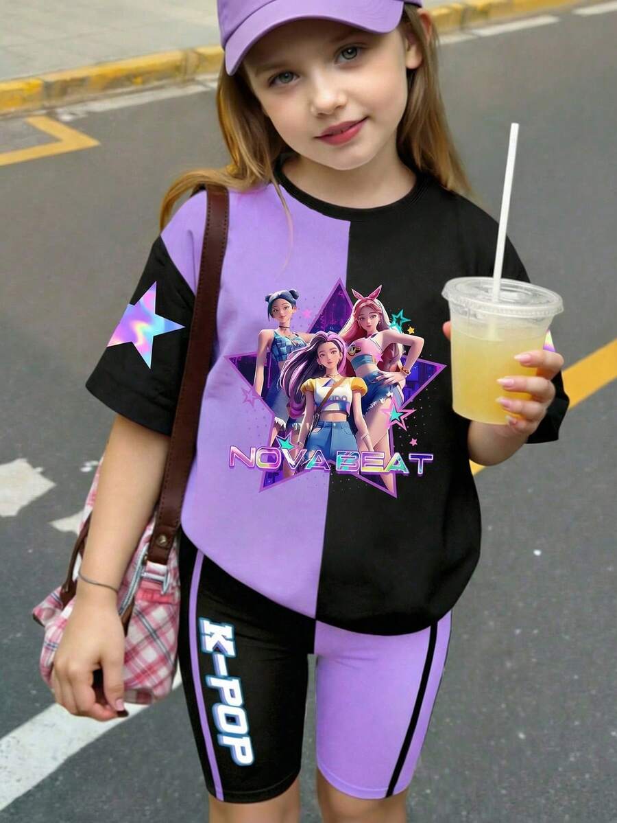 少女数码印花短袖打底裤套装，休闲舒适的春夏装，时尚百搭，适合户外活动、野餐、街头摄影、居家、上学、节日等场合，也是馈赠佳品。 - 彩色 - 查看 1