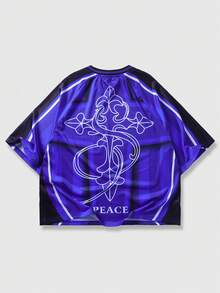 ROMWE MEN Men's Casual Round Neck Letter & Number Print Short Sleeve T-Shirt - Blue - View 2