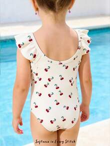 SHEIN 奶油白，复古甜美可爱樱桃印花，BM风格，海岛度假风，少女春夏甜美清爽休闲可爱卡通草莓印花荷叶袖连体泳衣，度假，海滩，沙滩装，度假风，度假穿搭，复古风 - 彩色 - 查看 2