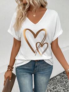 EMERY ROSE Women's Casual Basic V-Neck Heart Print T-Shirt - White - View 3