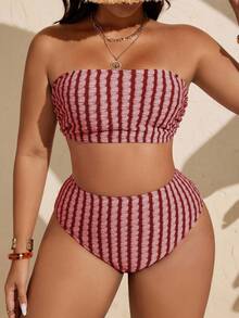 SHEIN Swim Curve Plus Size Women Simple Daily Summer Bikini Swimwear Set - Burgundy - View 3