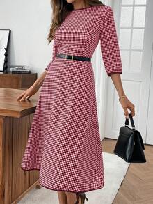 EMERY ROSE Đầm công sở thanh lịch in họa tiết kẻ caro phối màu dành cho nữ cỡ lớn, thích hợp cho mùa Thu/Đông. - Màu Đỏ Sâu - Xem 3