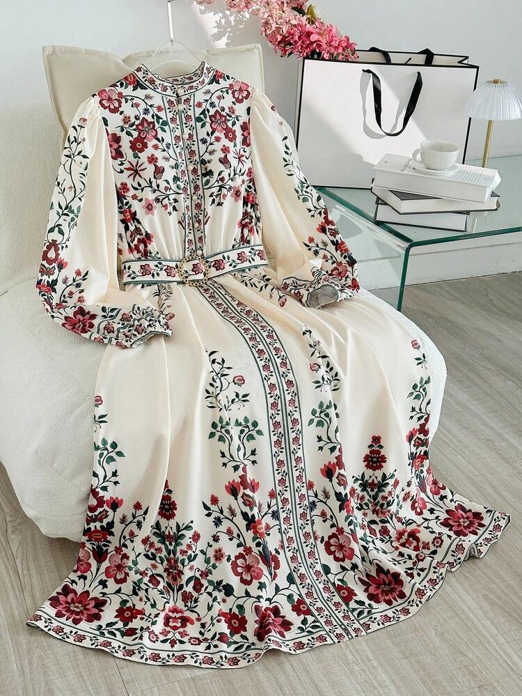 SHEIN Maternity Clothes Maternity Dress Elegant Summer Multi-Color Printed Puff Sleeve Dress With Adjustable Waist Tie - Multicolor - View 1