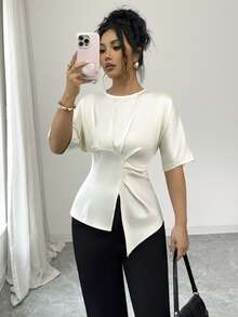 Siren Gaze Damen Einfarbige Satin Plissee Taille Design Bluse, elegantes Damen Hemd - Aprikosenfarben - Übersicht 6
