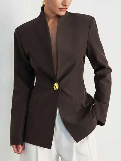 Aveloria Modichic بليزر نسائي بتصميم عصري بسيط، بتزيين إبزيم معدني، بتصميم بدون ياقة، بألوان سادة، عصري وشامل للارتداء اليومي