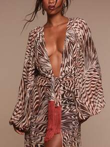 MUSERA 深V印花可爱雪纺宽松长袖轻盈系带连衣裙罩衫泳装度假夏季旅行沙滩装 Terra Sol 长裙 - 彩色 - 查看 2