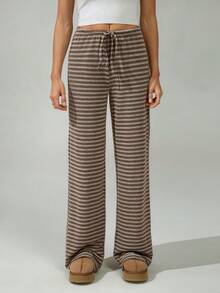 SHEIN Tall Women's New Brown Striped Low-Waist Pants, Autumn/Winter,Fall - Multicolor - View 8